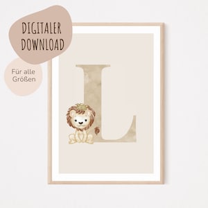Descarga digital MyBaby123® | Cartel de letra inicial | Cuadros de habitaciones infantiles | Póster habitación infantil | Decoración de la habitación del bebé | Mural (León L)