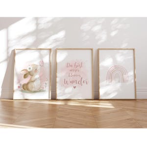 MeinBaby123® Juego de 3 cuadros DIN A4 para habitaciones infantiles | Póster decoración habitación infantil | Decoración de habitación de bebé | Cuadros de pared con frase (conejo)