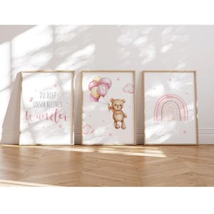 MeinBaby123® Juego de 3 Cuadros DIN A4 Habitación Infantil | Póster decoración de la habitación de los niños | Decoración de la habitación del bebé | Arte de pared con cita (oso y arcoíris rosa)