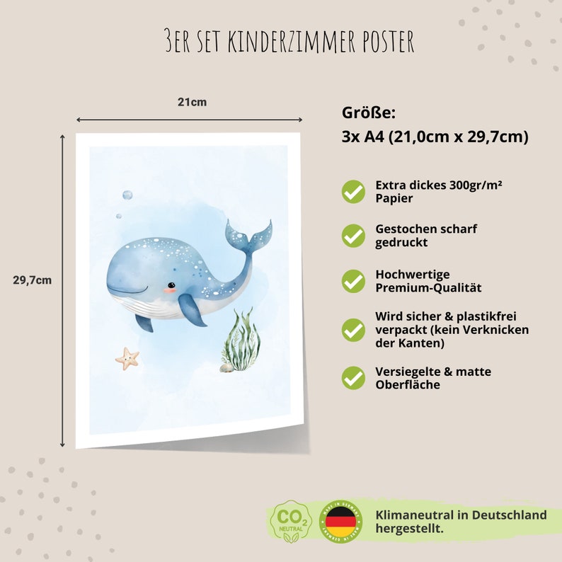 K&ouml;nnte beinhalten: Ein Set mit drei Aquarell-Wal-Postern f&uuml;r ein Kinderzimmer. Die Poster sind auf dickem, hochwertigem Papier gedruckt und messen 21 x 29,7 cm. Die Poster werden sicher verpackt, um Sch&auml;den beim Versand zu vermeiden.