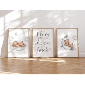 MeinBaby123® Juego de 3 Cuadros DIN A4 Habitación Infantil | Póster decoración de la habitación de los niños | Decoración de la habitación del bebé | Murales de citas (Oso y Luna)