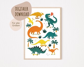 May include: A digital download print featuring a colorful illustration of various dinosaurs riding skateboards. The dinosaurs are in shades of green, orange, yellow, and blue. The background is white with palm trees and footprints.