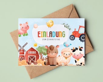Bauernhof Einladungskarten Kindergeburtstag | Bauernhof Tiere Einladungskarten | Geburtstagseinladungen für Kinder
