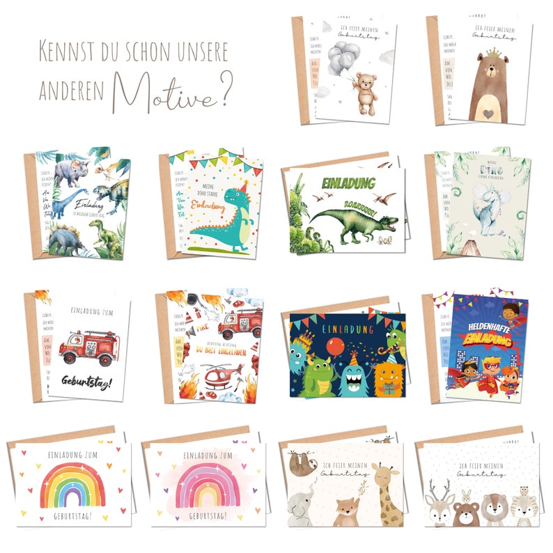 Puede incluir: Un conjunto de 12 tarjetas de invitaci&oacute;n de cumplea&ntilde;os coloridas con varios temas, que incluyen dinosaurios, camiones de bomberos, arco&iacute;ris y superh&eacute;roes. Las tarjetas est&aacute;n impresas en cartulina blanca y tienen un sobre de papel kraft marr&oacute;n.