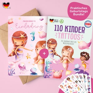 MeinBaby123® zeemeerminuitnodigingskaarten voor kinderverjaardagen als set met huidvriendelijke zeemeerminhuid-tatoeages