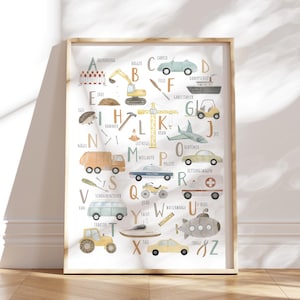 MyBaby123® Póster A2 del alfabeto | Aprender letras | Cartel de aprendizaje ABC escuela primaria | Fotomural habitación infantil | Aprende a leer (Vehículos ABC)