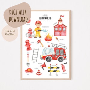 Descarga digital MyBaby123® | Póster del Departamento de Bomberos | Póster infantil con motivos de bomberos | Cuadros de habitaciones infantiles | Póster habitación infantil (Bomberos V1)