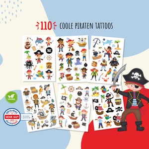 110 tatuaggi per bambini delicati sulla pelle, tatuaggi pirata, compleanno pirata, festa pirata, borse per festa di compleanno per bambini (pirati)