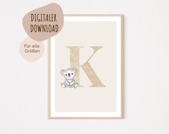 MeinBaby123® Digital Download | Initial Letter Poster | Nursery Pictures | Children's Room | Baby Room Decoration | Wall Art (Koala K)