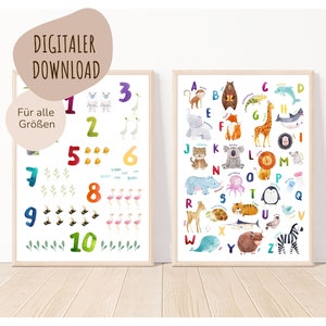 MeinBaby123® Download digitale Set di 2 | Poster con numeri | Poster ABC | Immagini della cameretta dei bambini | Poster per la cameretta dei bambini | Poster didattico (set 1)