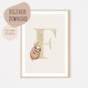 Descarga digital MyBaby123® | Cartel de letra inicial | Cuadros de habitaciones infantiles | Habitación infantil | Decoración de la habitación del bebé | Mural (Perezoso F)
