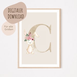 Descarga digital MyBaby123® | Cartel de letra inicial | Cuadros de habitaciones infantiles | Póster habitación infantil | Decoración de la habitación del bebé | Mural (Conejo C)