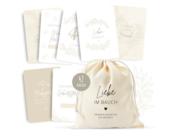 42 Meilensteinkarten Schwangerschaft zum Ausfüllen inkl. Baumwollsäckchen, Geschenk zur Schwangerschaft, Schwangerschaft Geschenk (beige)