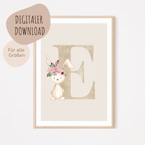 Descarga digital MyBaby123® | Cartel de letra inicial | Cuadros de habitaciones infantiles | Póster habitación infantil | Decoración de la habitación del bebé | Mural (Conejito E)