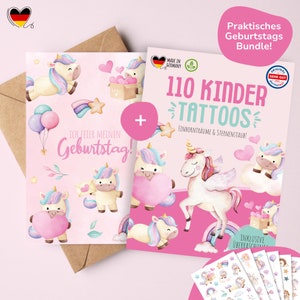 MeinBaby123® eenhoorn kinderverjaardagsuitnodigingskaarten als set met huidvriendelijke eenhoornhuid-tatoeages