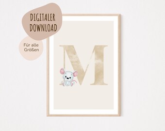 MeinBaby123® Digital Download | Initial Letter Poster | Nursery Pictures | Nursery Poster | Baby Room Decoration | Wall Art (Mouse M)