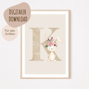 Descarga digital MyBaby123® | Cartel de letra inicial | Cuadros de habitaciones infantiles | Póster habitación infantil | Decoración de la habitación del bebé | Mural (Conejito K)