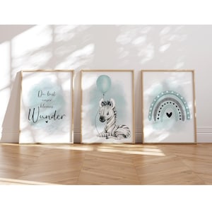 MeinBaby123® Juego de 3 Cuadros DIN A4 Habitación Infantil | Póster decoración de la habitación de los niños | Decoración de la habitación del bebé | Murales de citas (cebra y globo menta)