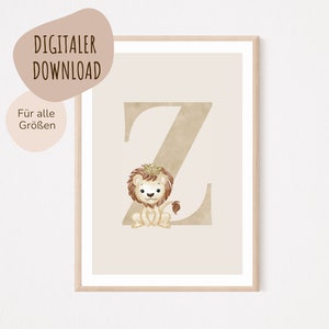 Descarga digital MyBaby123® | Cartel de letra inicial | Cuadros de habitaciones infantiles | Póster habitación infantil | Decoración de la habitación del bebé | Mural (León Z)