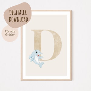 Descarga digital MyBaby123® | Cartel de letra inicial | Cuadros de habitaciones infantiles | Habitación infantil | Decoración de la habitación del bebé | Mural (Delfín D)