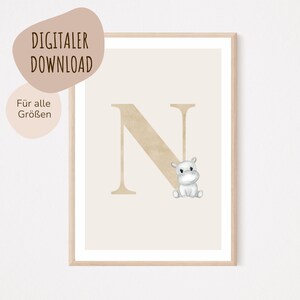 Descarga digital MyBaby123® | Cartel de letra inicial | Cuadros de habitaciones infantiles | Habitación infantil | Decoración de la habitación del bebé | Mural (Hipopótamo N)
