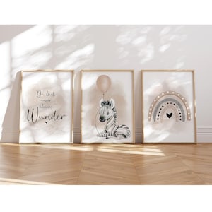 MeinBaby123® Juego de 3 Cuadros DIN A4 Habitación Infantil | Póster decoración de la habitación de los niños | Decoración de la habitación del bebé | Fotomurales de citas (cebra y globo beige)