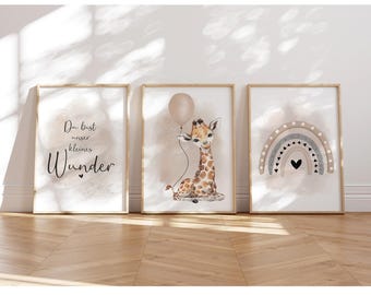 MeinBaby123® 3er Set DIN A4 Bilder Kinderzimmer | Poster Kinderzimmer Deko | Babyzimmer Deko | Spruch Wandbilder (Giraffe Luftballon beige)
