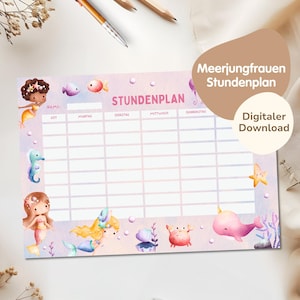 Digital timetable for girls PDF for download | School timetable | Printable timetable | Girls&#39; timetable Mermaids