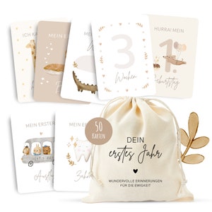 50 milestone cards "Your first year" to fill out including cotton bag, birth gift, birth gift idea (beige)