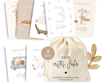 50 biglietti cardine "Il tuo primo anno" da compilare comprensivi di sacchetto in cotone, regalo nascita, idea regalo nascita (beige)
