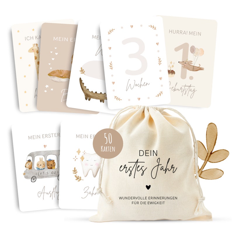 50 Meilensteinkarten Dein ersts Jahr zum Ausfüllen inkl. Baumwollsäckchen, Geschenk zur Geburt, Geschenkidee zur Geburt beige Bild 1