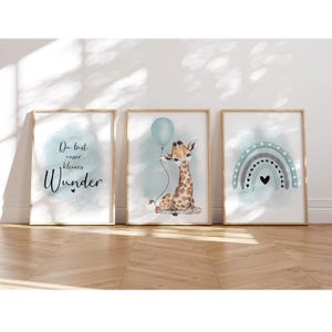 MeinBaby123® Juego de 3 Cuadros DIN A4 Habitación Infantil | Póster decoración de la habitación de los niños | Decoración de la habitación del bebé | Murales de citas (jirafa y globo menta)