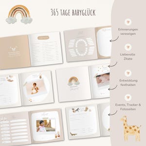 Op de afbeelding: Een baby-herinneringsboek met een regenboogontwerp op de omslag. Het boek heeft pagina's om mijlpalen, foto's en herinneringen vast te leggen. De tekst op de omslag luidt "365 Tage Babygl&uuml;ck".
