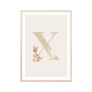MeinBaby123® Cuadros DIN A4 habitación infantil | Letras iniciales | Póster decoración de la habitación de los niños | Decoración de la habitación del bebé | Murales de citas (canguro - X)