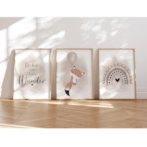 MeinBaby123® Juego de 3 cuadros DIN A4 para habitaciones infantiles | Póster decoración habitación infantil | Decoración de habitación de bebé | Arte mural con frases (zorro y globo beige)