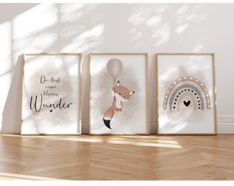 MeinBaby123® 3er Set DIN A4 Bilder Kinderzimmer | Poster Kinderzimmer Deko | Babyzimmer Deko | Spruch Wandbilder (Fuchs & Luftballon beige)
