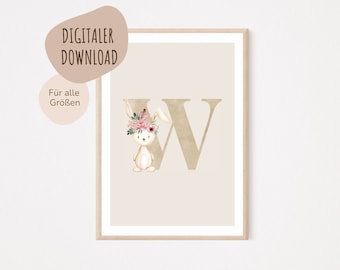 MeinBaby123® Digital Download | Initial Letter Poster | Children's Room Pictures | Children's Room Posters | Baby Room Decor | Wall Art (Rabbit W)