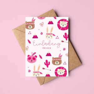 Boho kinderverjaardagsuitnodigingskaarten in roze | Verjaardagsuitnodigingen voor meisjes | Kinderverjaardagsuitnodigingskaarten Boho