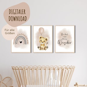 MeinBaby123® Digitaler Download | Süße Sprüche Poster 3er Set |Bilder Tiermotiv Kinderzimmer | Kinderzimmer Poster (Löwe & Luftballon beige)