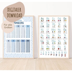May include: Two printable posters for children's education. The first poster is a blue and white multiplication chart for numbers 3 through 10. The second poster is a blue and white alphabet chart with illustrations for each letter.