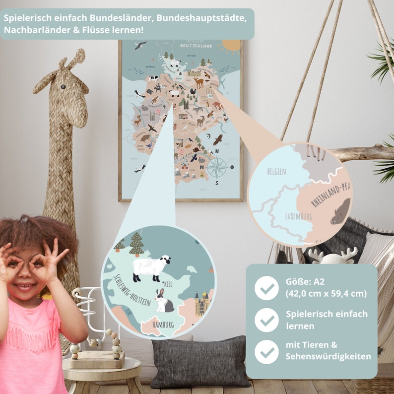 MeinBaby123® DIN A2 Deutschlandkarte für Kinder Kinderzimmer Bilder Deutschland Lernposter Premium Qualität Deutschlandkarte Bild 5