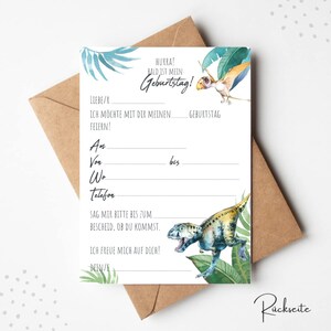 Puede incluir: Una tarjeta blanca con una ilustraci&oacute;n de un dinosaurio y un p&aacute;jaro. La tarjeta tiene el texto "Hurra! Bald ist mein Geburtstag!" y "Liebe/r Ich m&ouml;chte mit dir meinen ___ Geburtstag feiern!"  La tarjeta tambi&eacute;n tiene espacio para rellenar la fecha, la hora, la ubicaci&oacute;n y el n&uacute;mero de tel&eacute;fono para una fiesta.