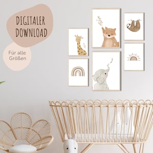 MeinBaby123® Digitaler Download | Süße Tierposter 6er Set | Bilder Kinderzimmer | Kinderzimmer Poster Giraffe (Faultier & Freunde 6er Set)