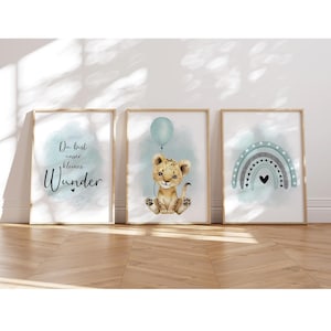 MeinBaby123® Juego de 3 Cuadros DIN A4 Habitación Infantil | Póster decoración de la habitación de los niños | Decoración de la habitación del bebé | Murales de citas (león y globo menta)