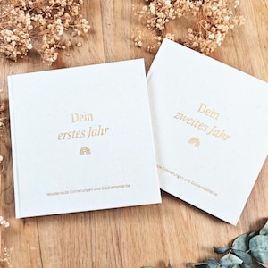 Babydagboek Mijn Eerste Jaar Linnen Omslag Verguld | Babyherinneringsboek | Geboortecadeau | Leg Magische Momenten Vast (Linnen) 2er Bundle