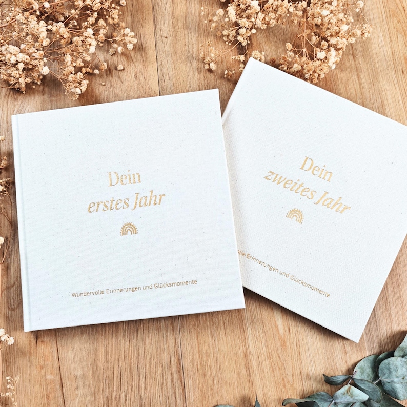 Babydagboek Mijn Eerste Jaar Linnen Omslag Verguld | Babyherinneringsboek | Geboortecadeau | Leg Magische Momenten Vast (Linnen) 2er Bundle
