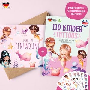 Ensemble sirène | Cartes d'invitation sirène pour l'anniversaire des enfants en set avec des tatouages en peau de sirène respectueux de la peau