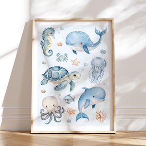 Mundo submarino Póster A2 habitación infantil, linda ballena, tortuga, delfín, caballito de mar, decoración de habitación infantil, imágenes para habitación infantil