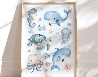 Underwater world A2 poster children's room, cute whale, turtle, dolphin, seahorse, children's room decoration, children's room pictures