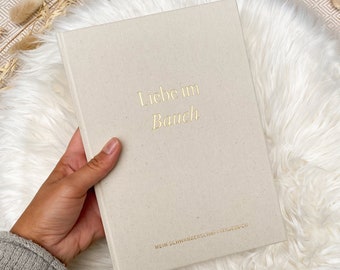 Pregnancy diary with linen cover & gold-plated, gifts for pregnant women, pregnancy journal "Love in the belly" (linen)